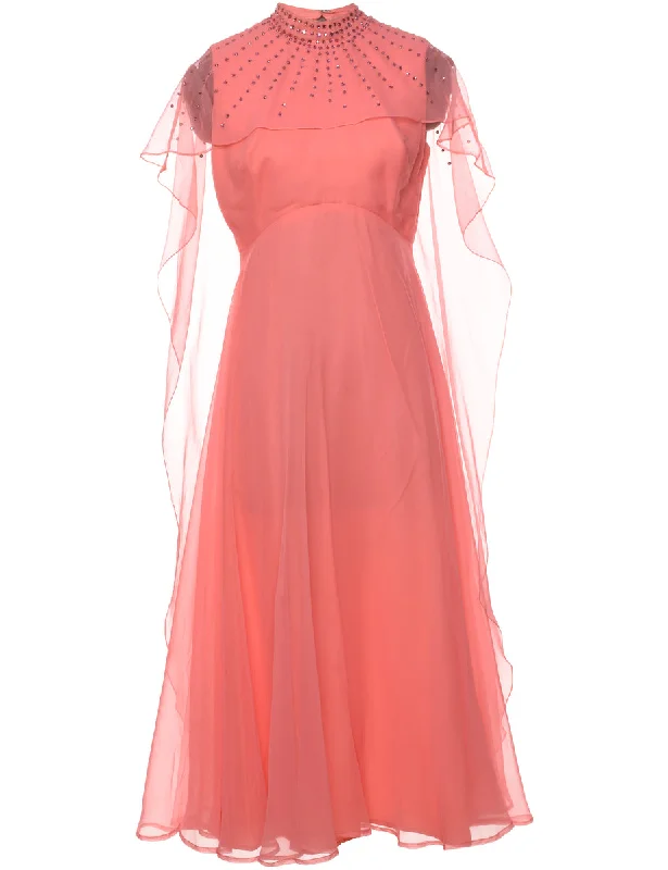 1970s Salmon Pink Diamonte Detail Maxi Dress  - M Chic Button-Up Maxi Dress