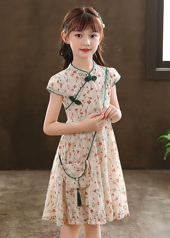 2024 New Green Stand Collar Print Girls Maxi Dresses Short Sleeve MN010 Comfortable T-Shirt Maxi Dress