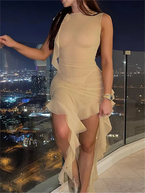 3D Mesh See Through Irregular Hem Mini Dresses Cozy T-Shirt Mini Dress