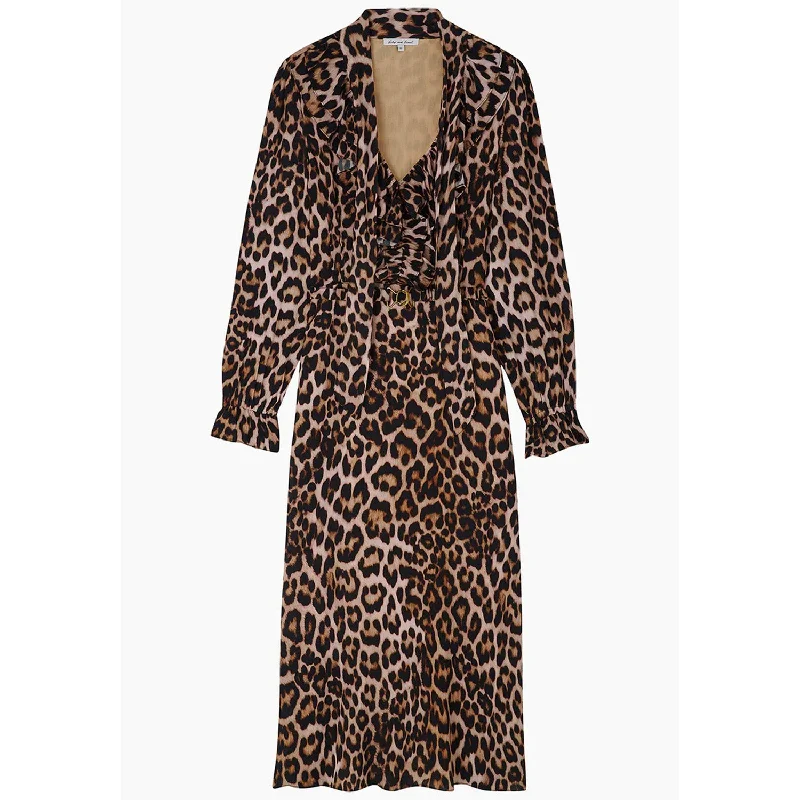 Margot Ruffle Neck Big Cat Print Midi Dress In Brown Trendy Bodycon Midi Dress
