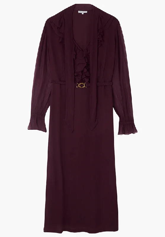 Margot Ruffle Neck Midi Dress In Burgundy Trendy Ruffled Sleeve Midi Dress