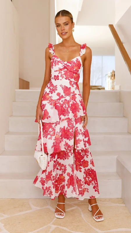 Achelle Maxi Dress - Red Floral Fashionable Halter Neck Maxi Dress