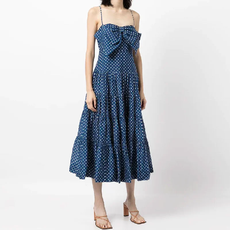 Adorable Polka Dot Bow Trim A-Line Slip Midi Dress - Blue Comfortable Draped Midi Dress