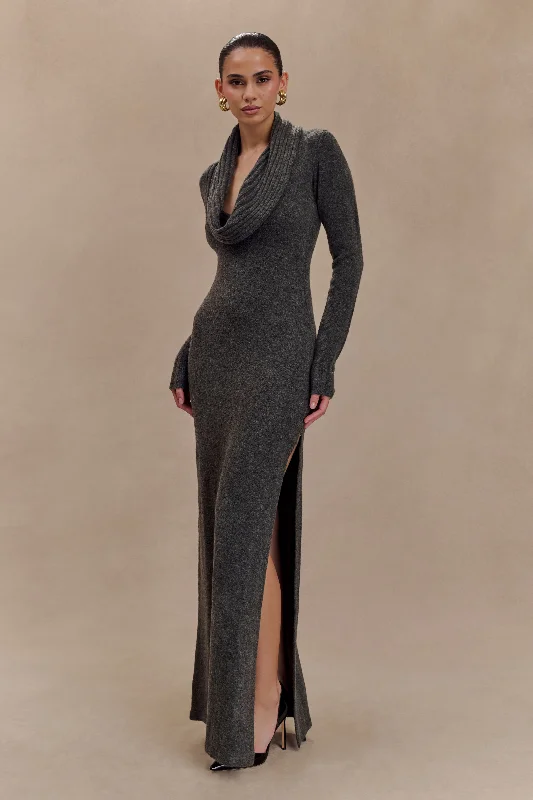 Alessandra Reversible Knit Maxi Dress - Charcoal Marle Stylish Long Sleeve Maxi Dress
