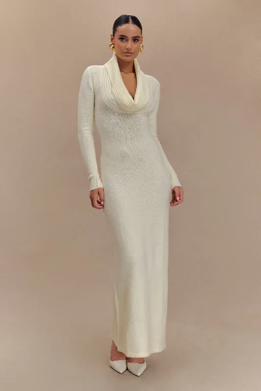 Alessandra Reversible Knit Maxi Dress - Ivory Marle Fashionable Maxi Dress with Fringe