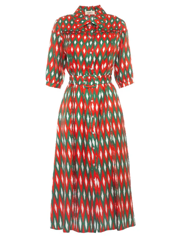 Alexa Red Green Mirror Diamond Print Silk Twill Midi Dress Stylish Midi Dress with Cuffs