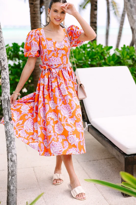 All For Love Orange Floral Midi Dress Elegant Velvet Midi Dress