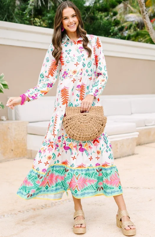 All I Want White Multi Tiered Midi Dress Trendy Off-Shoulder Button Midi Dress