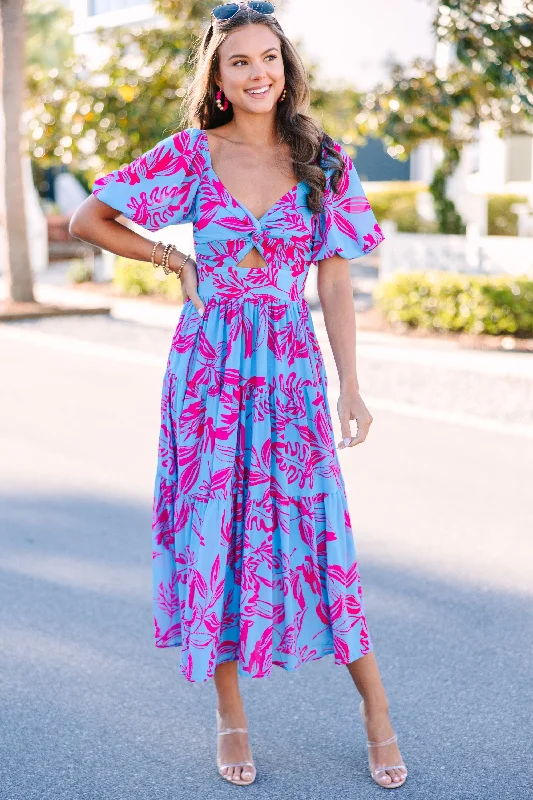 All In The Journey Blue Floral Midi Dress Fashionable A-Line Midi Dress