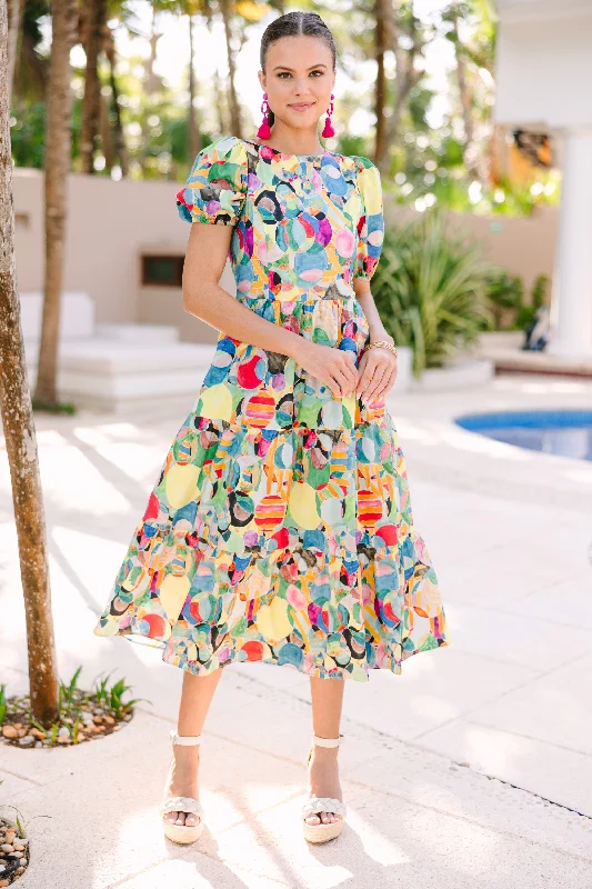 All The Fun Yellow Multi Abstract Midi Dress Fashionable Casual Midi Dress