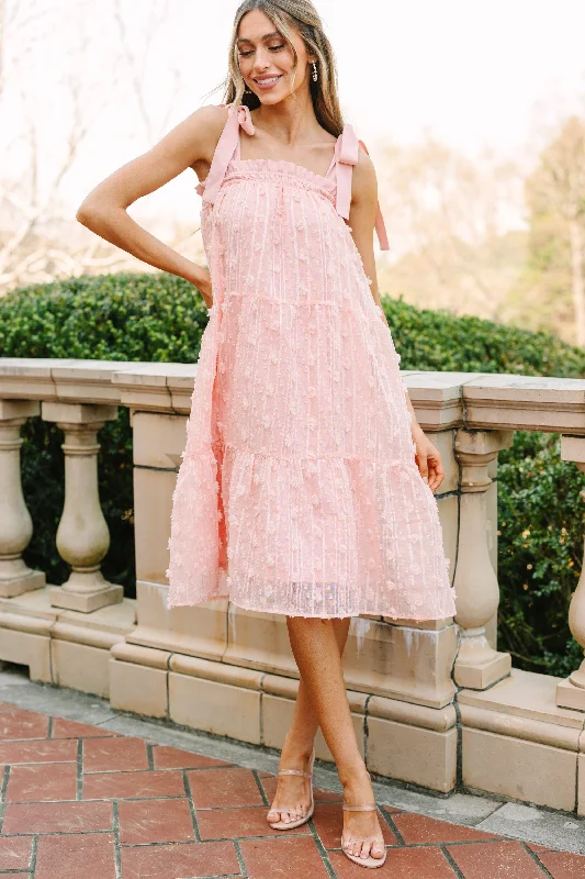 All You Love Blush Pink Textured Midi Dress Stylish Off-Shoulder Ruffle Dress