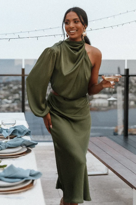 Amelie One Shoulder Midi Dress - Olive Comfortable Geometric Print Midi Dress