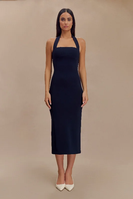 Amelita Suiting Halter Midi Dress - Navy Stylish Cold Shoulder Midi Dress
