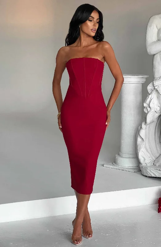 Amore Midi Dress - Red Cozy Midi Dress with Pockets