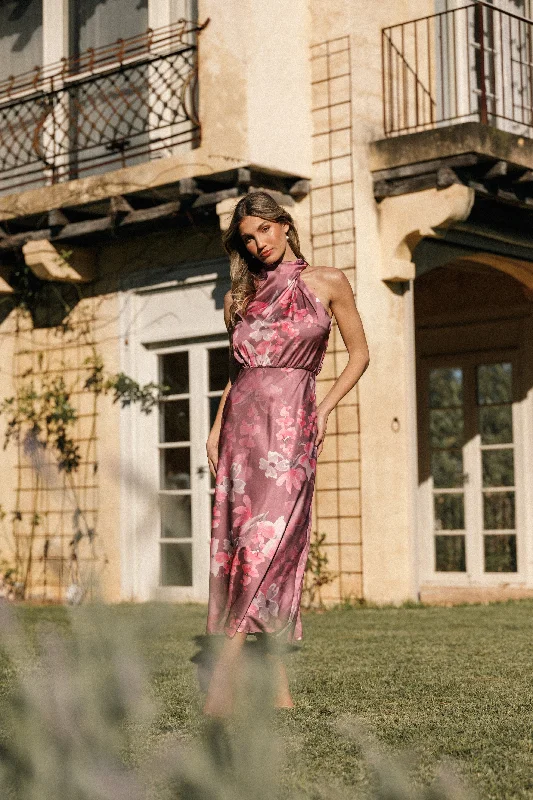 Anabelle Halter Neck Midi Dress - Dark Rose Floral Fashionable High-Neck Midi Dress