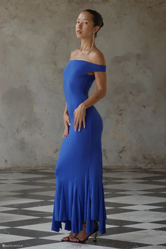 Analina Slinky Handkerchief Midi Dress - Cobalt Blue Cozy Spaghetti Strap Midi Dress