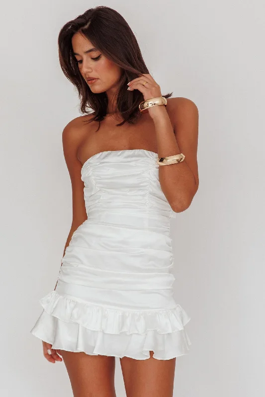 Annabella Strapless Tied Back Satin Mini Dress White Fashionable Mini Dress with Frills