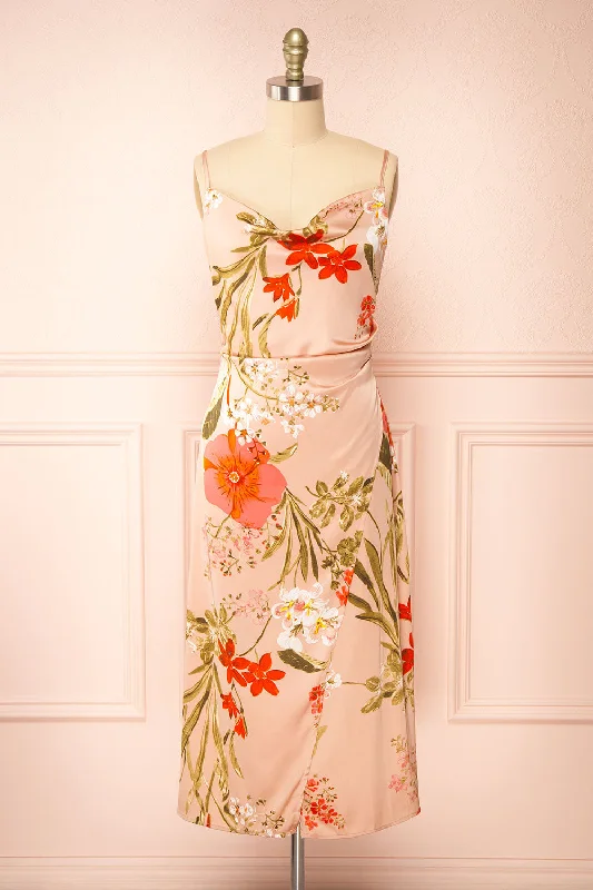 Annelise Pink | Cowl Neck Floral Midi Dress Cozy Tie-Dye Midi Dress