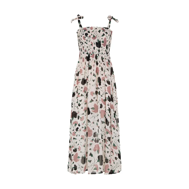 Annie Smocked Peony Print Midi Dress In Cream Fashionable High-Low Midi Dress