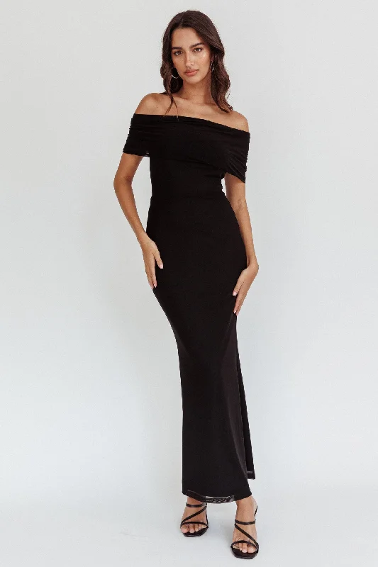 Aqaba Off-Shoulder Mesh Maxi Dress Black Chic Summer Floral Maxi Dress