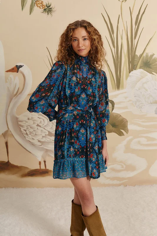 Blue Arabesque Floral High Neck Mini Dress Trendy Tulle Mini Dress