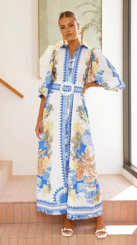 Arana Maxi Dress - Blue/White Print Stylish Pleated A-Line Maxi Dress
