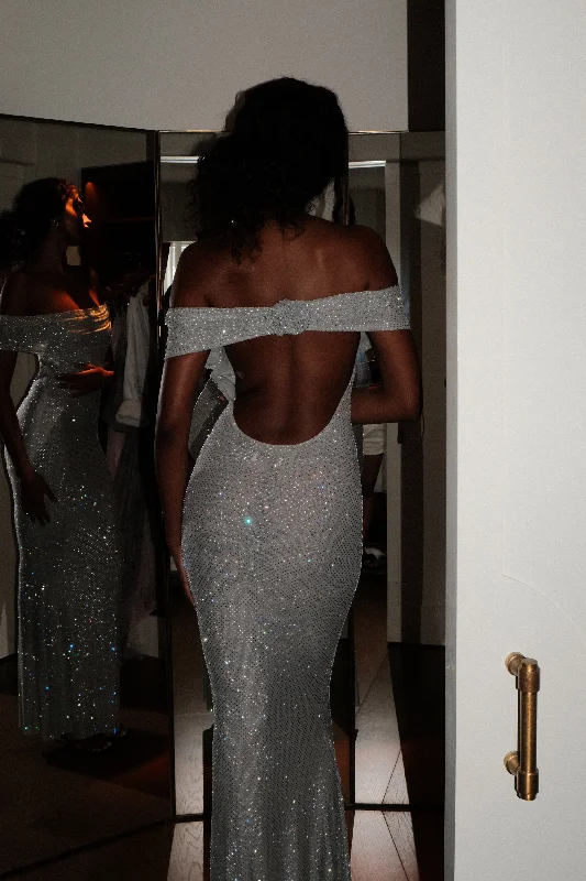 Arna Off Shoulder Diamante Maxi Dress - Silver Elegant Maxi Dress with Ruffles