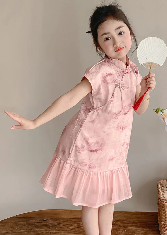 Art Pink Stand Collar Print Patchwork Kids Maxi Dress Short Sleeve MN021 Stylish Maxi Dress with Pleats