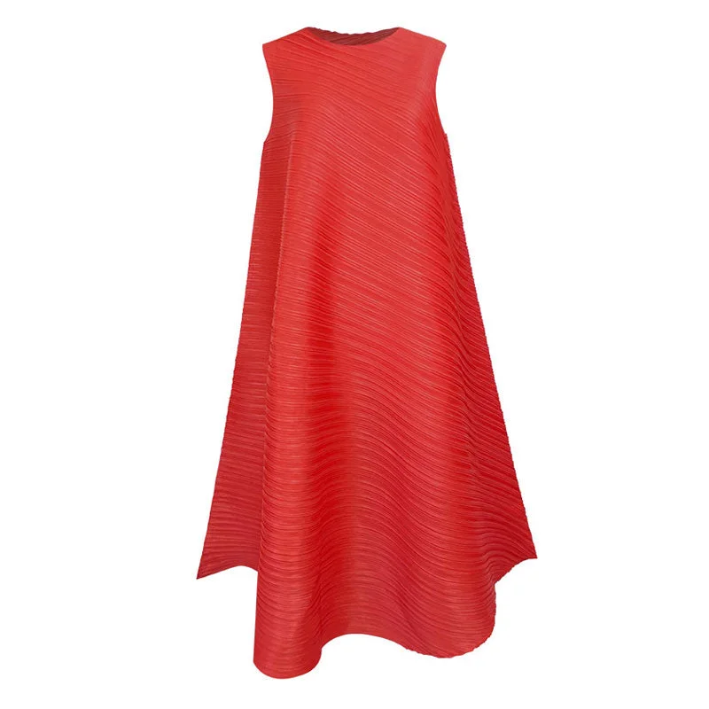 Artistic Round Neck A Line Sleeveless Asymmetrical Pleated Midi Dress Fashionable Casual Midi Dress