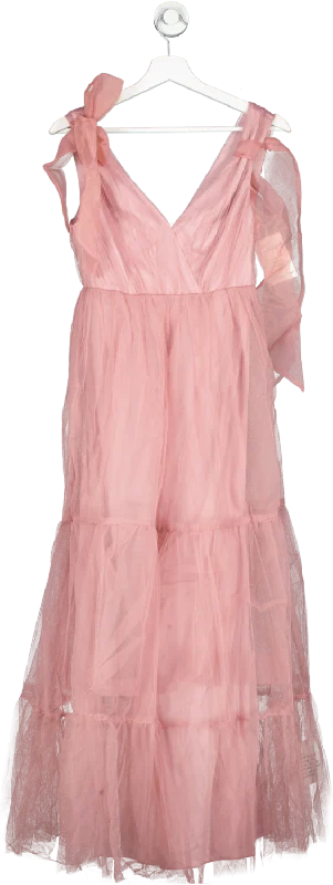 ASOS Pink Petite Tulle Bow Tie Tiered Maxi Dress UK 8 Chic Button-Up Maxi Dress