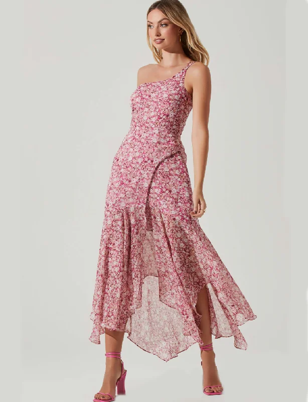 Malvina Midi Dress, Pink Floral Trendy Off-Shoulder Button Midi Dress
