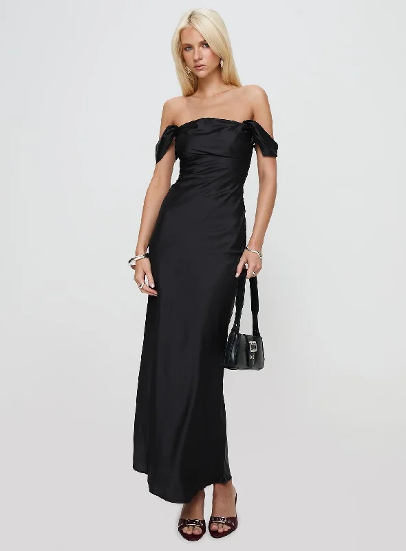 Azura Off The Shoulder Maxi Dress Black Trendy Off-Shoulder Ruffle Maxi Dress