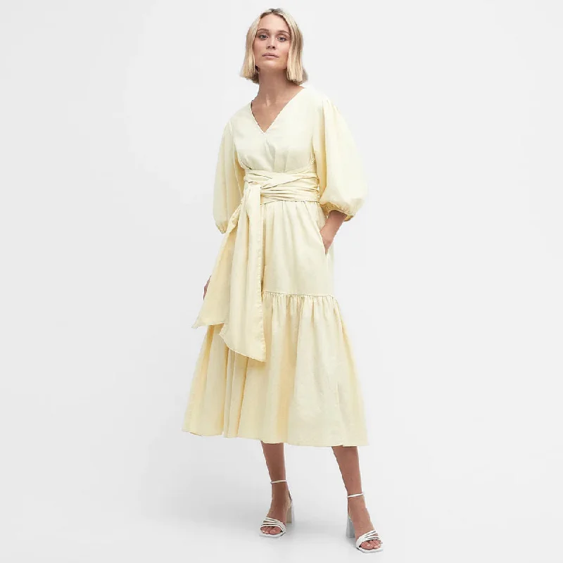 Annie Midi Dress Lemon Souffle Elegant Lace Trim Midi Dress