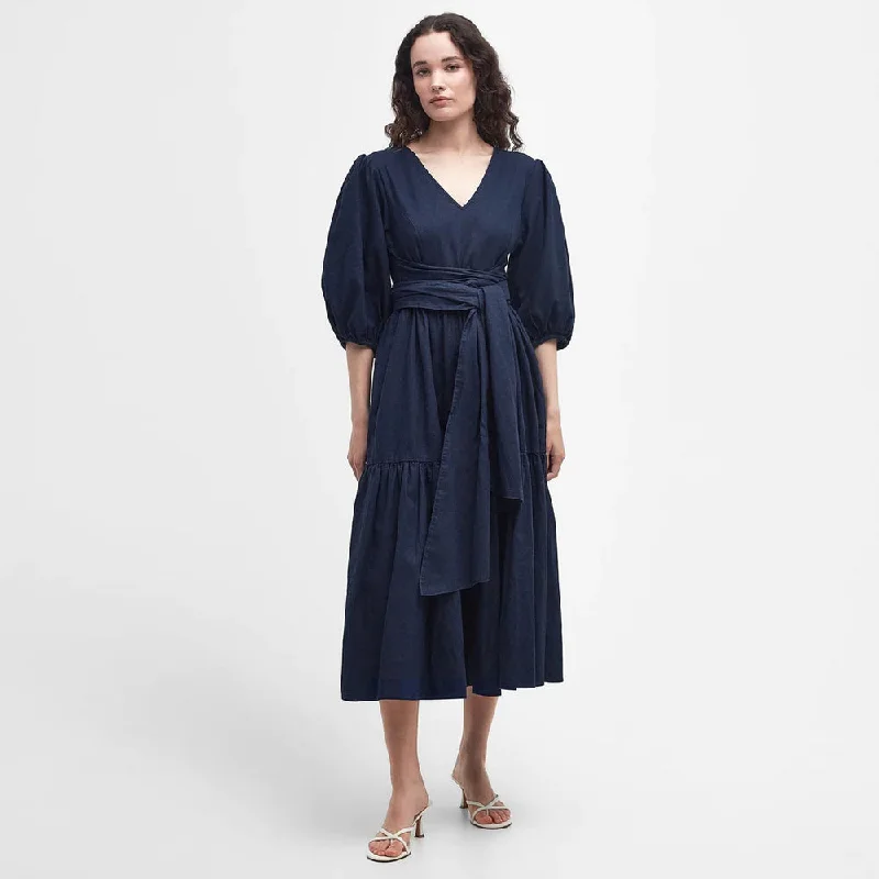 Annie Midi Dress Classic Navy Elegant Puff Sleeve Midi Dress