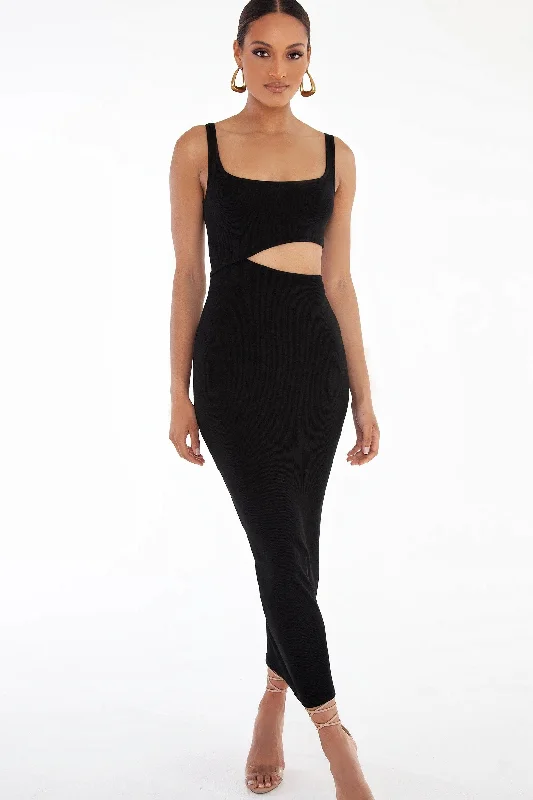 Bayse Brand WOMENS ANGEL MAXI DRESS - BLACK Cozy Cold-Shoulder Maxi Dress