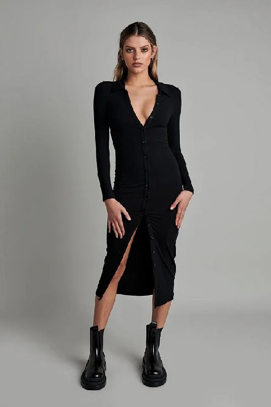 Bayse Brand WOMENS POLO LONG SLEEVE MAXI DRESS  - BLACK Stylish Maxi Dress with Pleats
