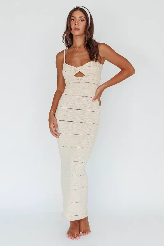 Beachside Crochet Knit Maxi Dress Oat Cozy Spaghetti Strap Maxi Dress