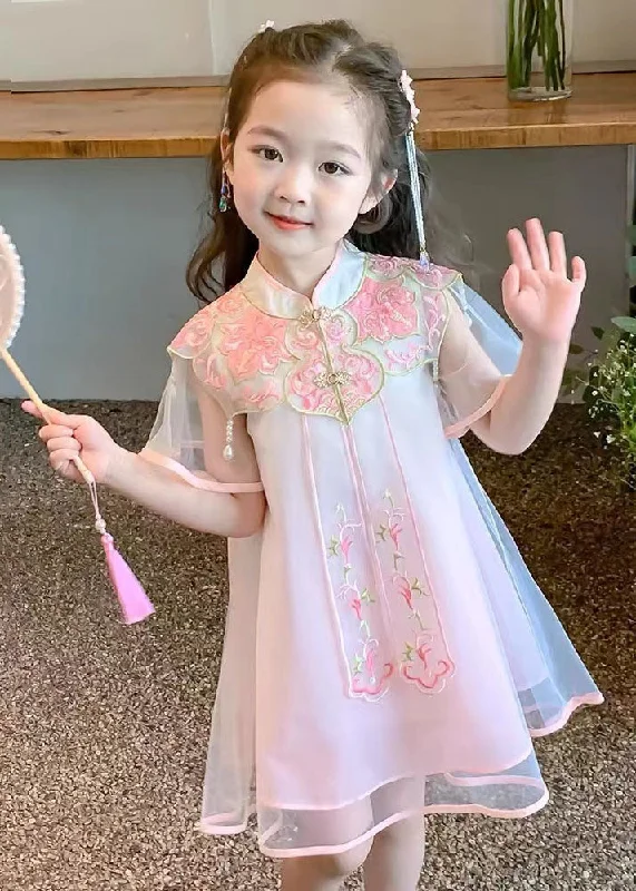 Beautiful Pink Stand Collar Embroideried Tulle Girls Holiday Tulle Maxi Dress Summer MN026 Elegant Maxi Dress with Belt
