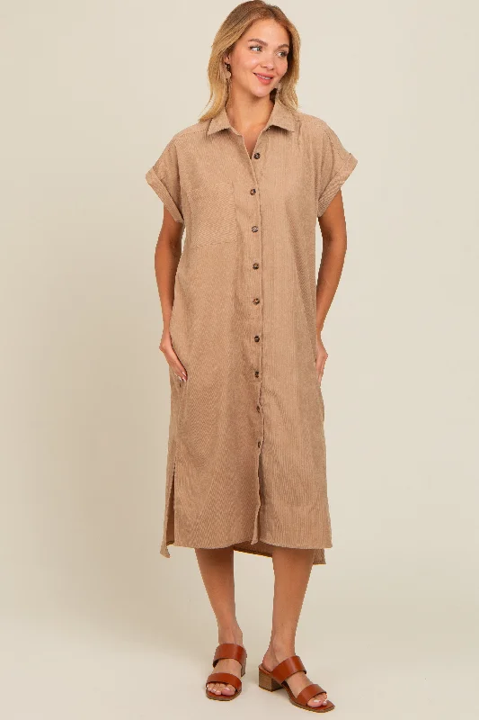 Beige Corduroy Button Down Midi Dress Fashionable One-Shoulder Midi Dress