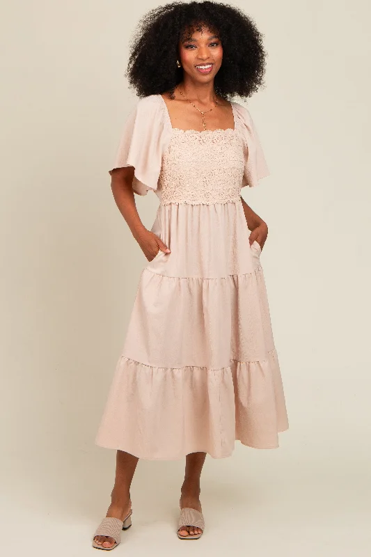 Beige Crochet Tiered Lace Midi Dress Stylish Midi Dress with Cuffs