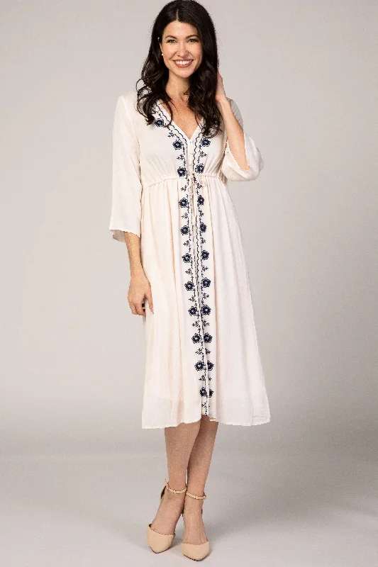 Beige Floral Embroidered 3/4 Sleeve Midi Dress Trendy Off-Shoulder Button Midi Dress