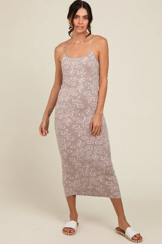 Beige Floral Knit Fitted Midi Dress Cozy Wide Strap Midi Dress