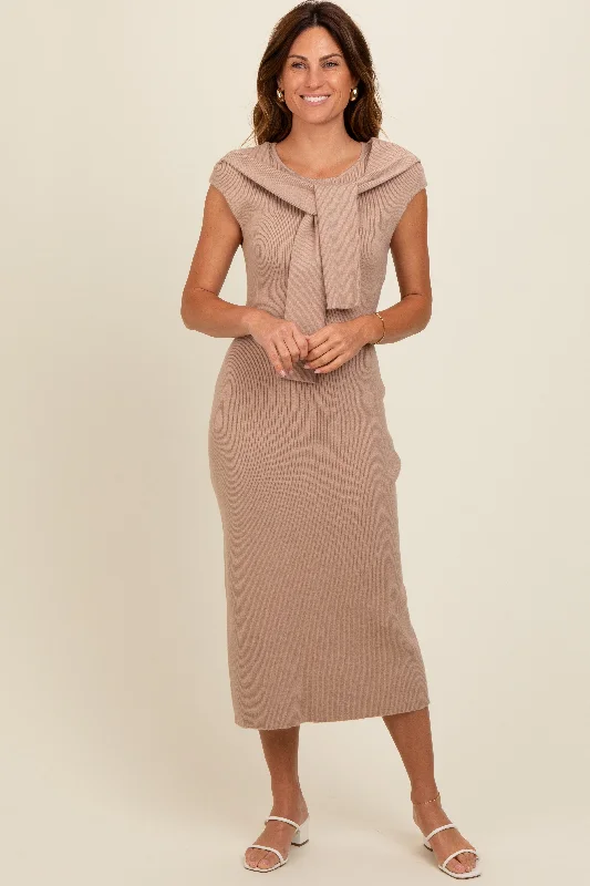 Beige Knit Sleeve Tie Detail Midi Dress Trendy Boho Midi Dress