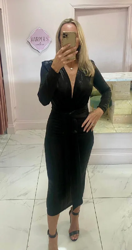 Bernice Black Shimmer Midi Dress Classic Black Midi Dress