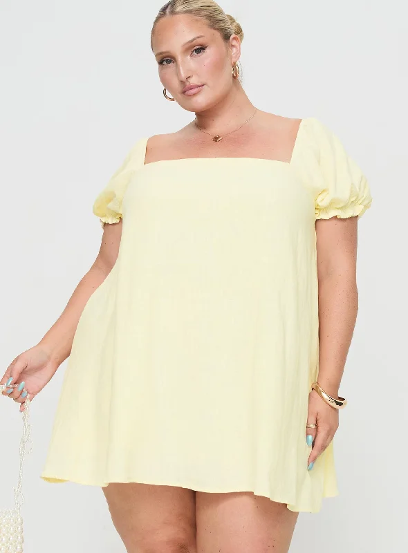 Beyond Linen Blend Mini Dress Yellow Curve Stylish Short-Sleeve Mini Dress