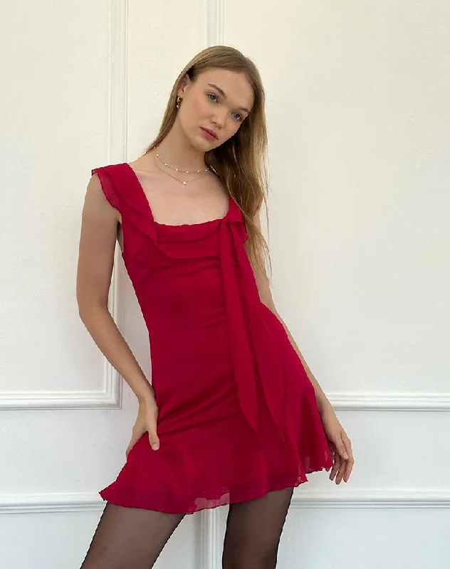 Binita Mini Dress in Chiffon Burgundy Elegant Mini Dress with Pleats