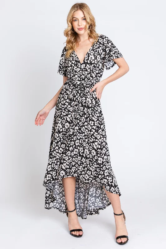 Black Animal Print Wrap Front V-Neck Hi-Low Midi Dress Stylish Midi Dress with Cuffs