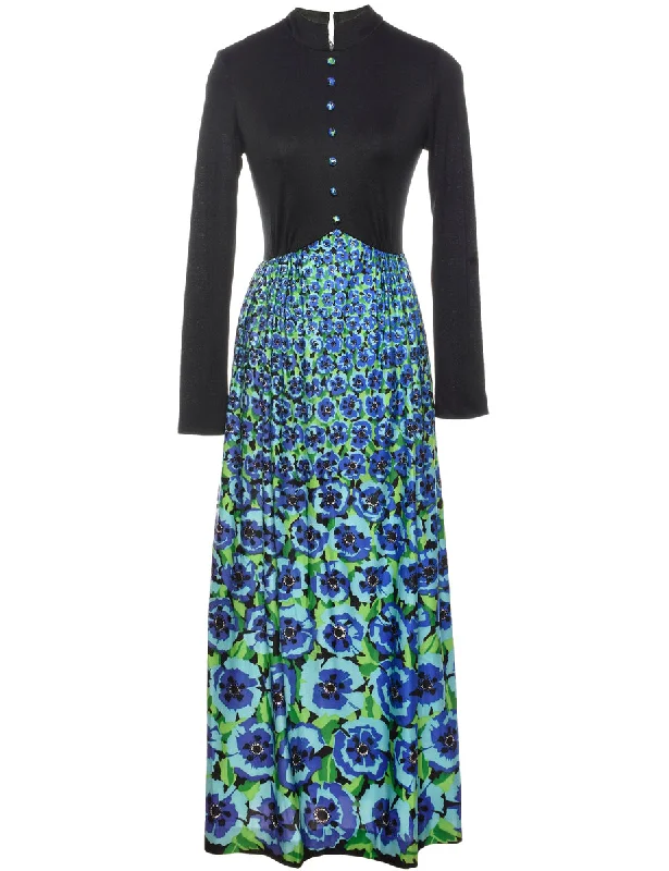 Black, Blue & Green Floral 1970s Maxi Dress - S Stylish Maxi Dress with Pleats