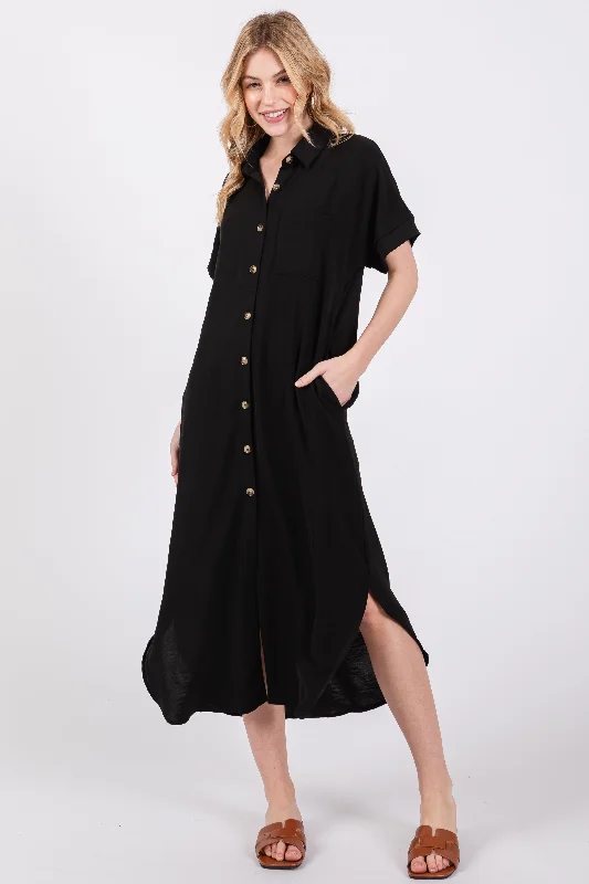 Black Button Down Front Pocket Midi Dress Trendy Shift Midi Dress