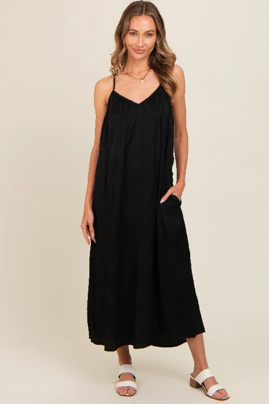 Black Crinkle V-Neck Cross Back Midi Dress Elegant Maxi-Midi Hybrid Dress